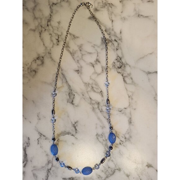 Vintage Blue Beaded Necklace With Silver Tone Accents & Chain - Picture 1 of 3